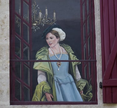 Trompe-l'oeil peint pour un château à Maisod, une fenêtre ouverte, une femme en costume d'époque.