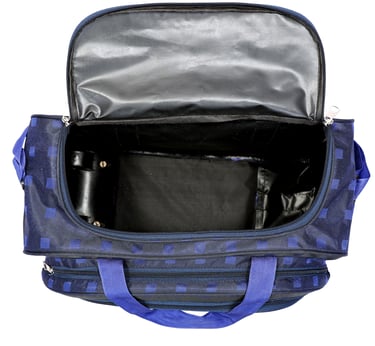 blue duffle bag showing main open compartment