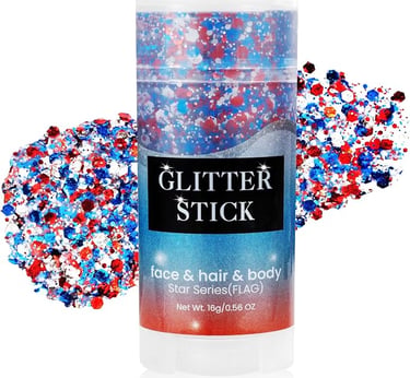Red white and blue chunky glitter stick for face hair and body makeup for patriotic events.