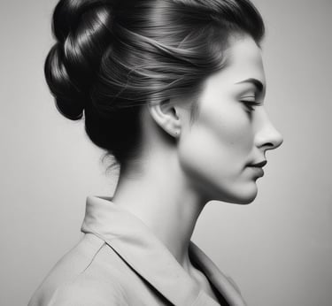 Perfil lateral de una mujer con un elegante peinado recogido trenzado en un retrato.