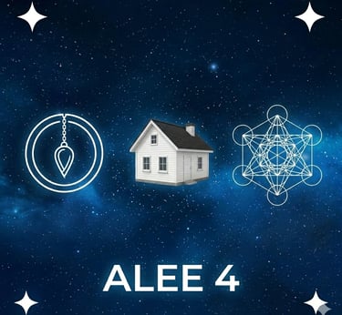 un pendule, une maison blanche et le cube de métatron dans un ciel de nuit