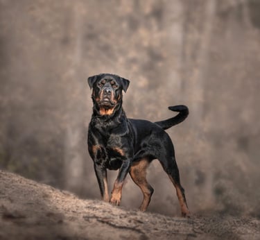 A majestic Rottweiler dog standing alert on a hill moody pet photography in wakefield