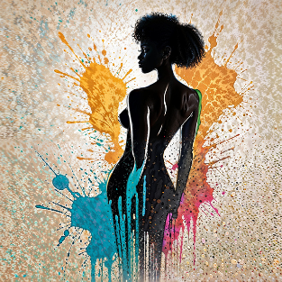 a woman with a black dress and a colorful paint splattered background