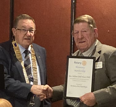 2024 President Rod presents Bill Hoare with a Certificate of his Honorary Membership status