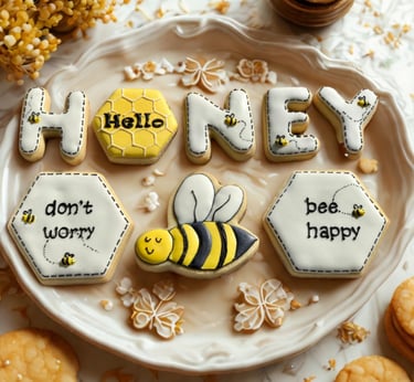 Letter-shaped sugar cookies spelling out the message “Bee Happy,” perfect for uplifting gifts or themed celebrations