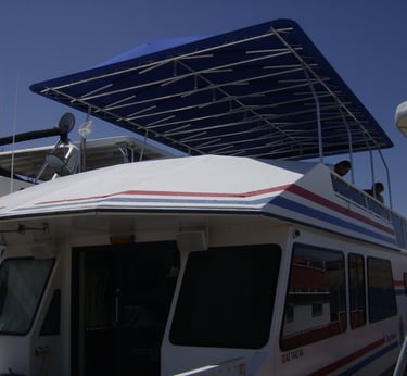 Houseboat Party Top install complete. Sunbrella Marine Fabric