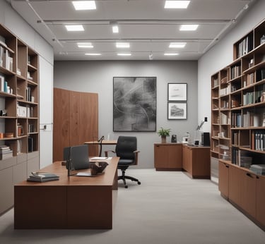A modern office space with minimalistic design, featuring two office chairs, a sleek table, a storage cabinet, and a floor lamp. The room is decorated with light-colored curtains and has a polished concrete ceiling. The overall ambiance is professional and clean.