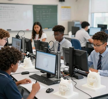 Students proudly holding their 3D printed projects, smiling in their Mylestones 2 Success t-shirts.