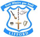 Scoil Mhuire gan Smál Lifford school crest featuring a cross, rosary beads, harp, and book symbols.