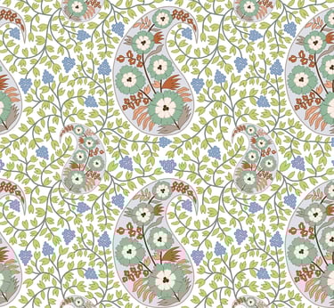  Boho paisley print on vine background, featuring soft blue, green, and beige tones.