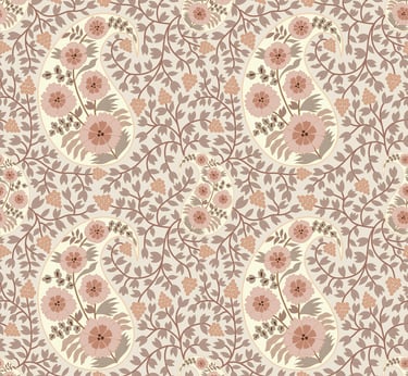 Seamless paisley pattern with florals on a delicate vine background in soft pink and beige.