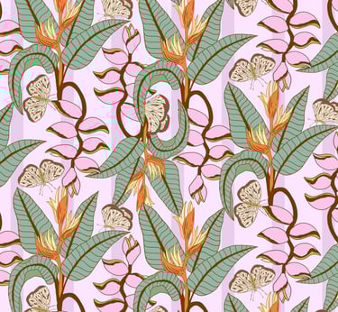 Hero pattern pink and orange bird of paradise flowers with butterflies