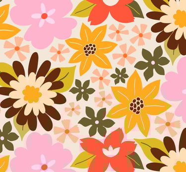 Hero Pattern big Pink yellow florals and tiny orange florals bloom.