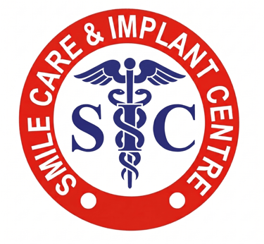 Smile Care and Implant Centre logo featuring a blue caduceus symbol and SC initials inside a red circle.
