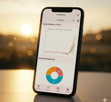 A smartphone displaying a menopause symptom tracking app with health data charts and sunset background.
