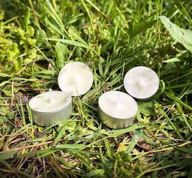 bougies faite maison au romarin et à la lavande, posées sur l'herbe