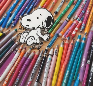 Colorful display of Pooh-themed notebooks and Snoopy pencil cases arranged on a wooden shelf.