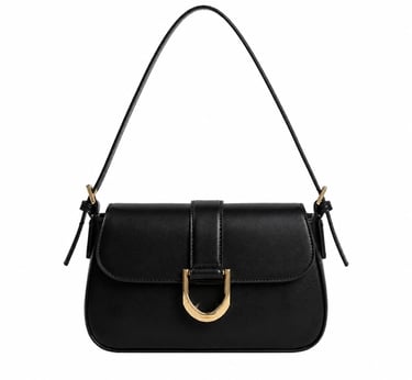 Elegant black shoulder bag with minimalist gold hardware and structured shape.