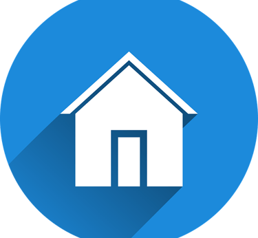 White house home icon with long shadow on blue circle background for website navigation.