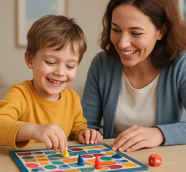 A child smiling while playing a colorful therapeutic board game with a caring adult.