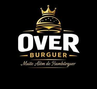 Over Burguer logo featuring a golden hamburger with a crown on a black background.