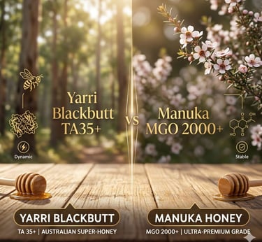 Comparison of Yarri Blackbutt TA35+ and Manuka Honey MGO 2000+ on a wooden table in a forest.
