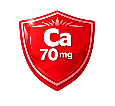 A glossy red shield icon labeled Ca 70mg, symbolizing calcium supplement bone health protection.