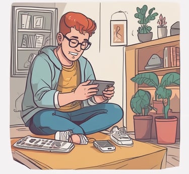 man sitting on the floor playing on his phone