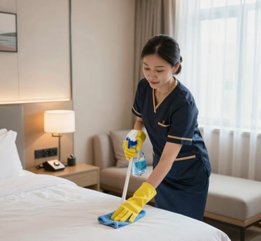 A cleaning cart is positioned in an outdoor area with a concrete building structure in the background. The cart holds a large bucket and cleaning supplies, including a striped cloth and a pink cloth hanging over the handle. A green scrubbing brush is placed on the bottom platform. Surrounding the area are vibrant flower beds with yellow and white flowers, as well as bushes and trees, contributing to a tidy and well-maintained environment.