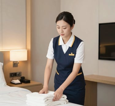 A cleaning cart is positioned in an outdoor area with a concrete building structure in the background. The cart holds a large bucket and cleaning supplies, including a striped cloth and a pink cloth hanging over the handle. A green scrubbing brush is placed on the bottom platform. Surrounding the area are vibrant flower beds with yellow and white flowers, as well as bushes and trees, contributing to a tidy and well-maintained environment.