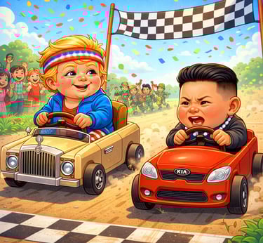 trump vs Kim in pedal cars racing at the finish line