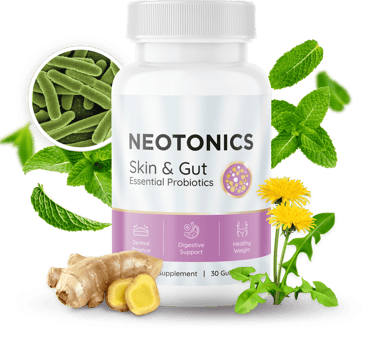 Neotonics skin and gut health probiotic supplement bottle with ginger, mint, and dandelion root.