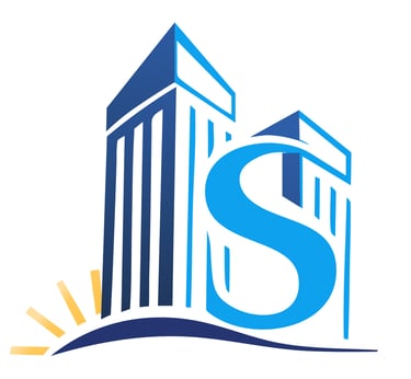 Blue real estate logo featuring modern skyscrapers with a large letter S and sunburst.