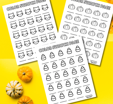 3 swatch pages for coloring books depicting cats, pumpkins and candy corn