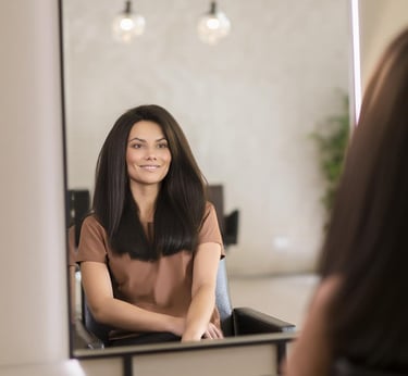 a woman in a brown dress sitting in front of a mirror