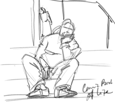 gesture drawing of a man sitting on porch woman in background leaning against door