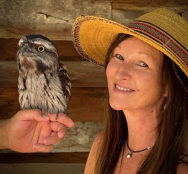 Corrina with a Tawny Frog Mouth bird