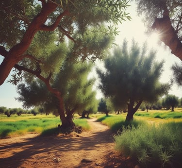 A close-up of fresh green olives hanging on a tree branch in Cyprus under warm sunlight.