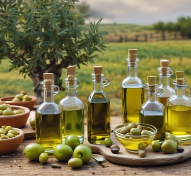 Bottles of golden olive oil neatly arranged on rustic wooden shelves in a cozy shop.