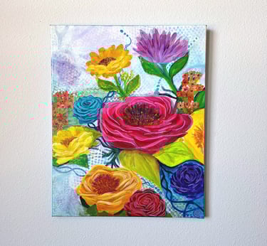 Vibrant mixed media floral canvas painting featuring colorful roses and sunflowers on a textured background.