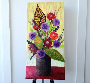 Vibrant floral painting of red and purple flowers in a dark vase on a yellow background.