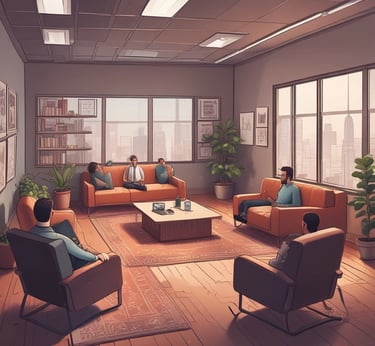 A modern interior with several people interacting with technology, including a digital currency ATM. One person is using a laptop at a table, another is standing at an ATM, and others are using their phones.