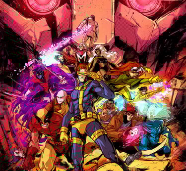 illustration of the X-Men '97 team by David Cousens featuring Cyclops, Wolverine and Gambit,  etc