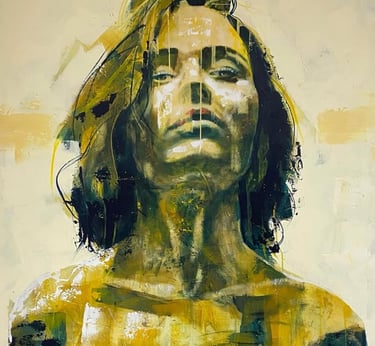 vrouw oker 100x 100 cm.