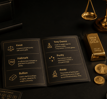 A 1000g gold bullion bar, coins, and a digital scale next to a guide explaining karat, hallmark, and assay terms.