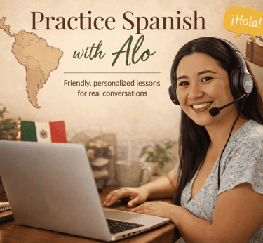 smiling spanish tutor offering her spanish lessons with a computer mexican flag on the screen