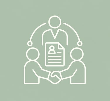 White line art icon showing a hiring manager and candidate shaking hands over a job resume profile.