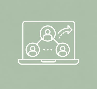 Laptop screen icon displaying a connected network of people icons with an arrow for digital communication.