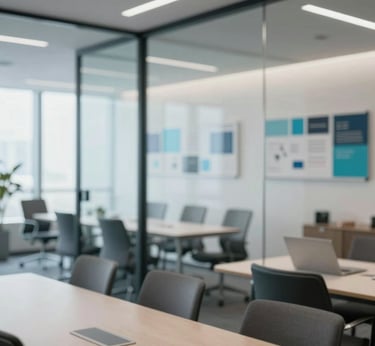 Agency meeting room with a large glass wall, talent boards visible, sleek Scandinavian furniture, professional yet welcoming atmosphere, hints of #ECF3F4 and #1A5E63.