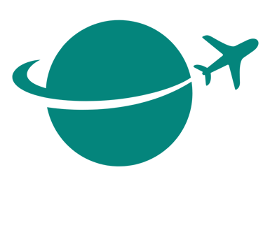 Icon of a green plane, dashing across and slicing a green circle representing the Earth.